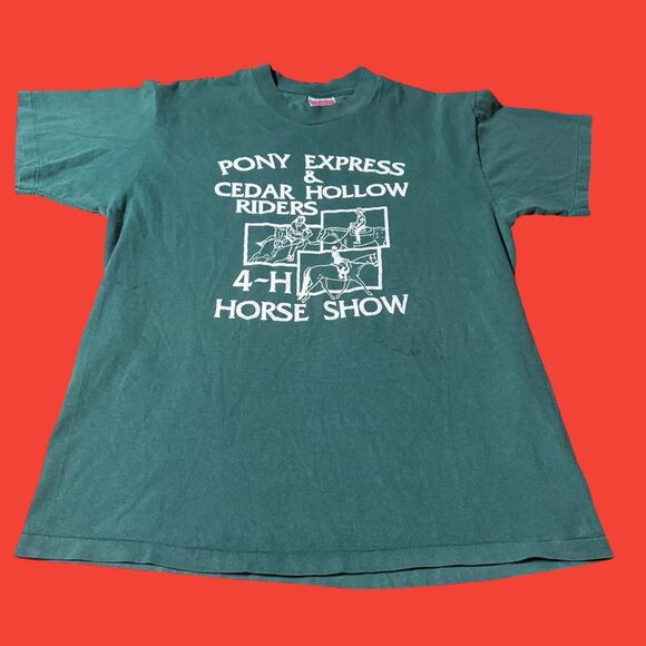 Vintage Pony Express Horse Show T Shirt Hanes Large Green USA Single Stitch - Picture 1 of 8